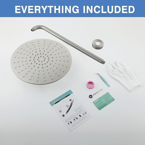Solid Metal Large Rain Shower Head, Round High Flow Ceiling Rainfall Shower Head with Shower Arm and Flange, Reinforced Explosion-Proof Stainless Steel Construction (12-Inch, Brushed Nickel) - color: Brushed Nickel, size: 12 Inch