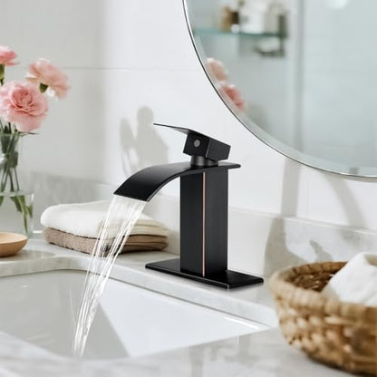 ORB Bathroom Faucets, Waterfall Bathroom Sink Faucet | Single Handle, Stainless Steel, Vanity Faucet with Deck Plate, Pop-up Drain, For 1 or 3 Hole, RV, Farmhouse - color: A-Oil Rubbed Bronze