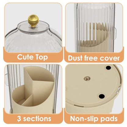 YOOLENS Makeup Brush Holder with Lid 360 Rotating Clear Dustproof Make Up Organizers for Vanity Bathroom Countertop, White Beige - color: White/Beige
