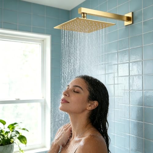 Midanya Square Rain Shower Head,High Pressure,Brushed Gold 12 Inch | 360°Swivel,Ceiling or Wall Mount,Waterfall Full Body Coverage,Bathroom Remodel,Stainless Steel Large Rainfall Shower Head - color: Gold, size: 12 Inch