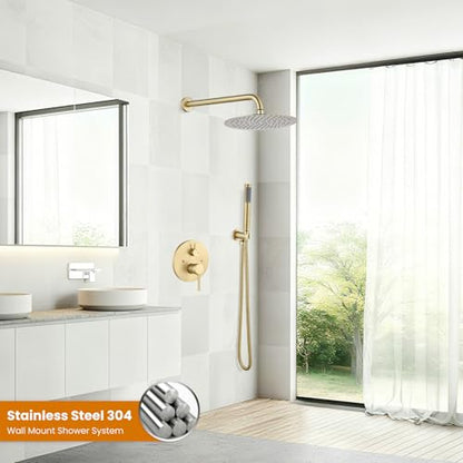 gotonovo Shower Faucet Set with Rough-in Valve Trim Kit,Brushed Gold | 10 Inch Round Rain Showerhead with Handheld Spray,Bathroom Wall Mount Shower System Complete Combo,2-in-1 Diverter,All Metal - color: Gold
