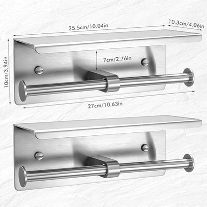 Double Toilet Paper Holder with Shelf, Wall Mount Tissue Roll Holder for Bathroom, 304 Stainless Steel Commercial Toilet Tissue Dispensers with Phone Shelf(Natural) - color: Natural