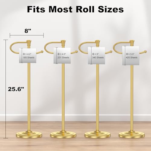 Toilet Paper Holder Free Standing, 25” H Stainless Steel Brass Gold Toilet Paper Stand, Weighted Base Floor Tissue Roll Holder for Bathroom,Toilet Roll Stand - color: Brass Gold