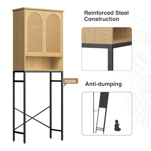 FiveWillowise Rattan Toilet Storage Cabinet, Over The Rack Wood Cabinet with Metal Stand, Bathroom Organizer with Adjustable Shelf, Tall Freestanding Washer Shelf, Small Cupboard, Natural - color: Rattan Door-natural, style: Casual