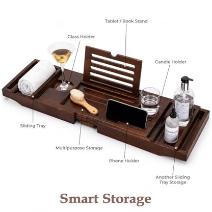 Expandable Teak Wood Bathtub Tray Caddy with Wine Glass Holder – Adjustable Luxury Wooden Bath Tub Tray Table for Spa, Book, Tablet & Bathroom Accessories