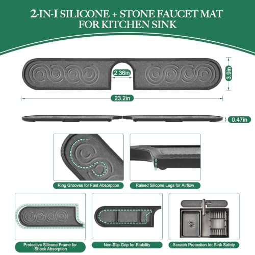 Faucet Mat for Kitchen Sink with Airflow Silicone Sleeve, Instant-Dry Diatomaceous Stone Sink Protector Tray Around Faucet for Kitchen, Bathroom, RV (Black Wave, 23.2" x 3.9" x 0.47") - color: Grey Wave - Dark Grey Silicone Edge