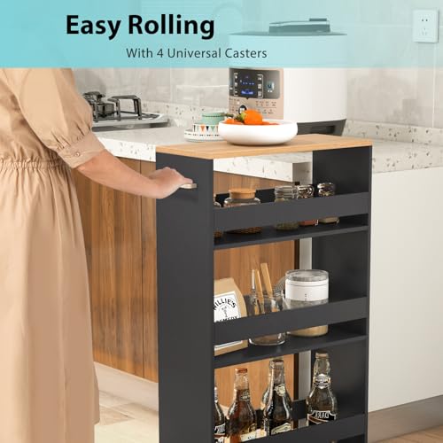 POWERSTONE 4-Tier Slim Storage Cart, Narrow Kitchen Rolling Cart w/Handle & Open Shelves, Skinny Slide Out Utility Organizer Trolley for Kitchen Bathroom Laundry Small Spaces Black & Natural - color: Black