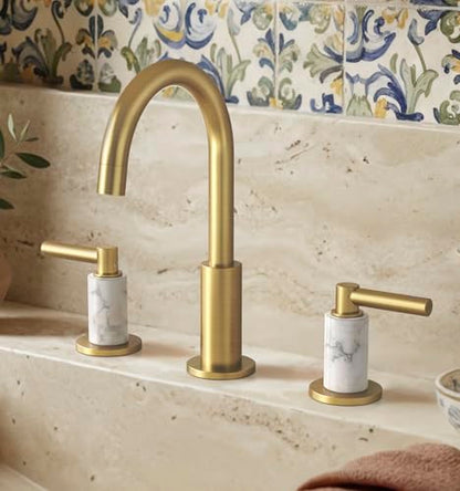 KES Natural Italian Carrara Marble Brushed Gold Bathroom Faucet 3 Hole with All Metal Pop Up Sink Drain, 8 Inch Widespread Bathroom Sink Faucet for Vanity, 360° Swivel Spout, 18/8 Stainless Steel - color: Brushed Gold