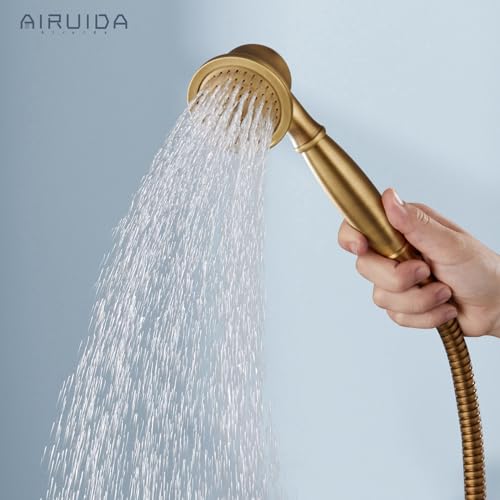 Airuida Antique Brass Exposed Shower System with Handheld Spray | Single Handle,Wall Mount,8 Inch Rainfall Shower Head,Dual Function,Exposed Pipe Fixture for Bathroom - color: Antique Brass