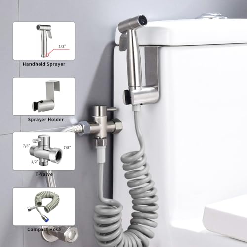 Handheld Bidet Sprayer for Toilet Kit,Stainless Steel Muslim Shower Toilet Bidet Faucets Attachment Set with T-Valve,Adjustable Water Pressure,Toilet Hose Sprayer,Cloth Diaper Spraye for Baby Wash - color: Silver set