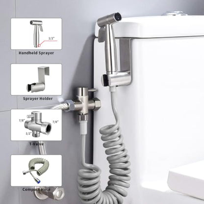 Handheld Bidet Sprayer for Toilet Kit,Stainless Steel Muslim Shower Toilet Bidet Faucets Attachment Set with T-Valve,Adjustable Water Pressure,Toilet Hose Sprayer,Cloth Diaper Spraye for Baby Wash - color: Silver set