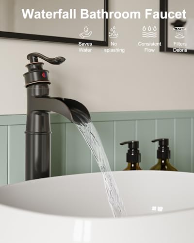 BWE Waterfall Spout Oil Rubbed Bronze Bathroom Faucet Vessel Sink Faucet | Single Handle One Hole Tall Sink Faucet Bathroom ORB Lavatory Faucets Deck Mount Commercial with Pop Up Drain 2 Supply Lines - color: Bronze