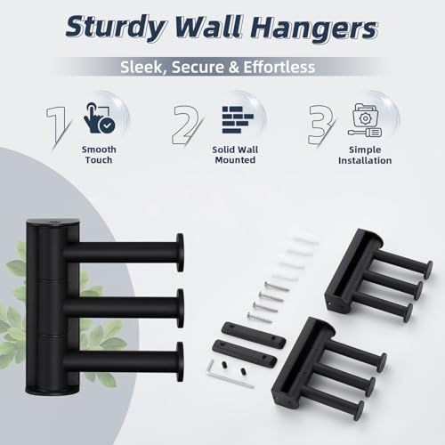 Matte Black 3-Arm Swivel Towel Hooks, 2 Pack, 304 Stainless Steel | Rustproof Rotating Wall Hooks for Bathroom Kitchen Closet, Heavy Duty 11 lbs, Smooth 180° Rotatable & Foldable, Wall Mounted - color: Matte Black, size: 2 Pack