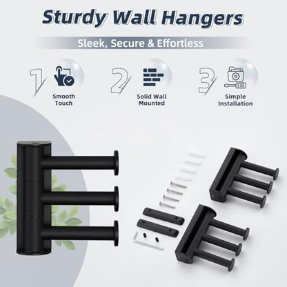 Matte Black 3-Arm Swivel Towel Hooks, 2 Pack, 304 Stainless Steel | Rustproof Rotating Wall Hooks for Bathroom Kitchen Closet, Heavy Duty 11 lbs, Smooth 180° Rotatable & Foldable, Wall Mounted - color: Matte Black, size: 2 Pack