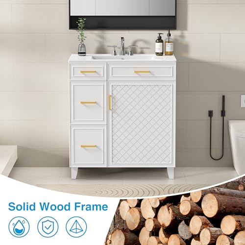 30" Bathroom Vanity with Sink, Solid Wood Frame Modern with Charging Station, Bathroom Single Sink Cabinet with 2 Drawers and 1 Doors, Gold Metal Handles, White - color: White, size: 30 inch