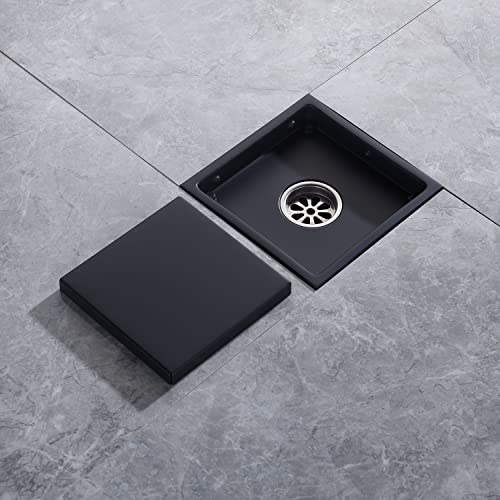 6 Inch Shower Drain Square Black Matte，with Adjustable Drain Flange Kit Base PVC, Removable Grid Strainer Cover and Invisible Floor Tile Insert, SUS304 Stainless Steel - color: Matte Black