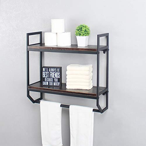 2-Tier Metal Industrial 23.6" Bathroom Shelves Wall Mounted,Rustic Wall Shelf Over Toilet,Towel Rack with Towel Bar,Utility Storage Shelf Rack, Floating Shelves Towel Holder,Retro Black - color: A