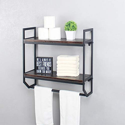 2-Tier Metal Industrial 23.6" Bathroom Shelves Wall Mounted,Rustic Wall Shelf Over Toilet,Towel Rack with Towel Bar,Utility Storage Shelf Rack, Floating Shelves Towel Holder,Retro Black - color: A