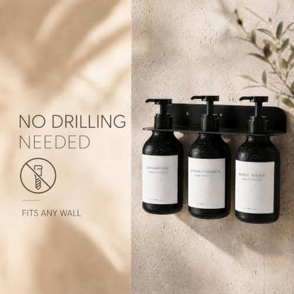 Refillable Shampoo and Conditioner Dispenser Set of 3 - Wall Mounted No Drill Pump with Bottles, 3 Chamber for Shower Soap and Body Wash Dispensers with Labels, Matte Black Bottle for Bathroom (16oz)