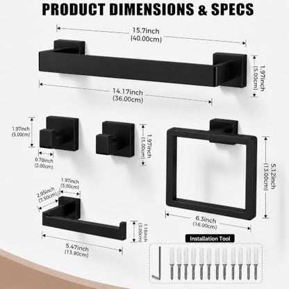 5-Piece Matte Black Bathroom Accessorys Stainless Steel Towel Bar Set | Square with Toilet Paper Holder Towel Ring Hook and Towel Racks for Bathroom Wall Mounted Bathroom Hardware Set - color: Matte Black