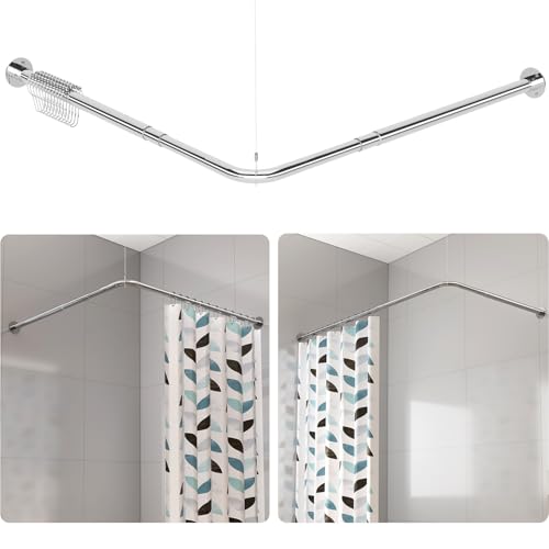 L Shaped Corner Shower Curtain Rod, 24.3"-48" x 24.3"-48" Adjustable 90 Degree Right Angled Shower Rod Square Curtain Rail for Bathroom Bathtub with 12 Hooks & Ceiling Support - Brushed Nickel - color: Brushed Nickel