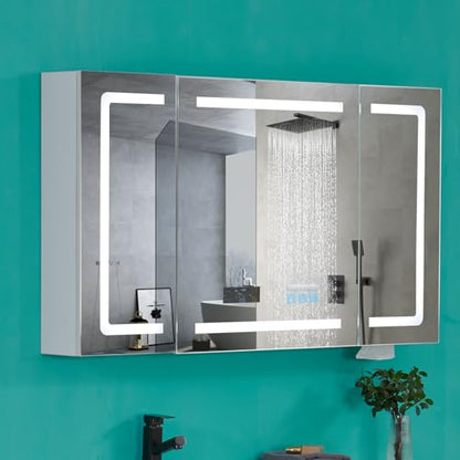 VINGLI LED Lighted Medicine Cabinet with Intelligent Mirror, Bluetooth Speaker, Weather & Temp Display, Anti-Fog, Built-in Outlet & USB, Large 3-Door Bathroom Mirror Cabinet,48 Inch, Need Assembly - size: 6"D x 48"W x 28"H