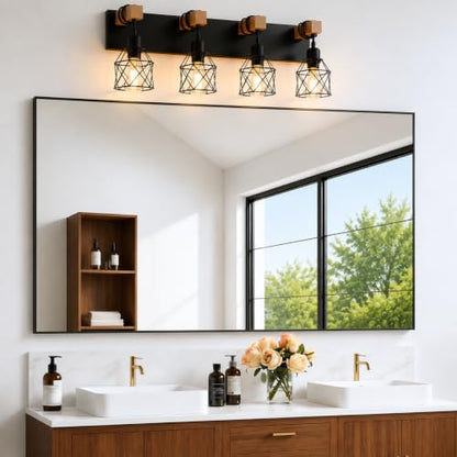Farmhouse Vanity Light Fixture,4-Light Bathroom Lighting,Black Industrial Wood Wall Light Over Mirror with Metal Shade,LED Bulbs Not Included - color: Black, size: 4-Light-Wide 28"