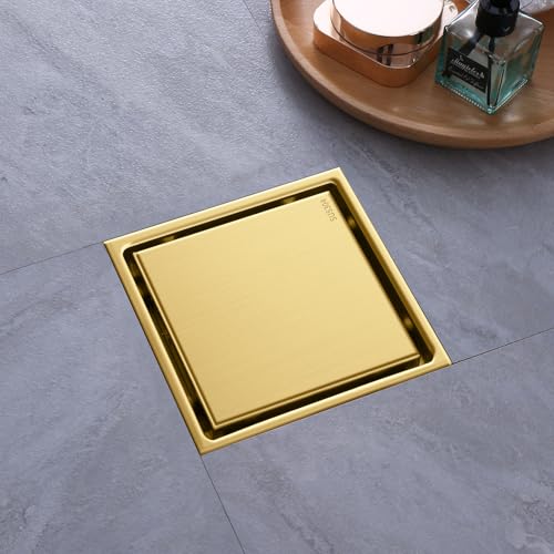 Hidden Brushed Square Shower Floor Drain, Gold 6 inch, 304 Stainless Steel, with Flange, Detachable Cover Embedded in Ceramic Tiles - color: Hidden Gold, size: 6 inch
