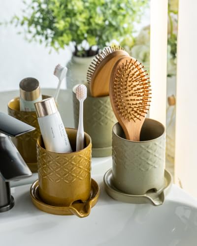 Zoeeker Toothbrush Holder with Drainage, Ceramic Toothbrush Holders Set | Electric Toothbrush & Toothpaste Holder for Bathrooms Self-draining Tooth Brush Cup Countertop Organizers for Family, Yellow - color: B-yellow