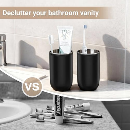 Unbreakable Stainless Steel Toothbrush Holder Tumbler Cup for Bathroom 13oz | Reusable Kids Bathroom Tumbler Cup & Tooth Brush Holder, Mens Countertop Toothpaste Organizer Storage Set, Black 2 Pack - color: Black