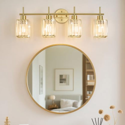 Brushed Gold Bathroom Light Fixtures, Square, 4-Light | Vanity Lights with Crystal Shades, Modern Bathroom Lighting Fixtures over Mirror (Bulbs Not Included, E26) - color: Brushed Gold (Square), size: 4-Light