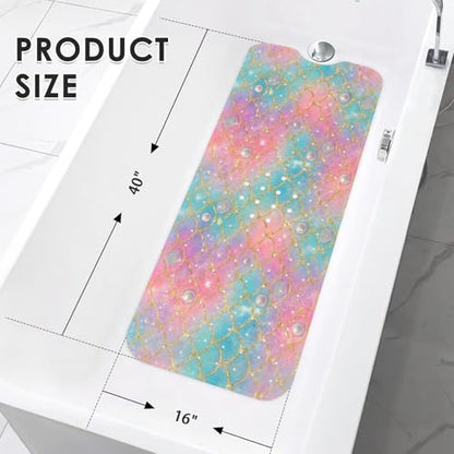 Mermaid Seashell Glitter Bathtub Shower Mat Ocean Princess Non-Slip Tub Extra Long Bath Floor 40X16 Inch Machine Washable for Bathroom Tub Bath Mat for Toddler and Baby - color: Coloful Mermaid Scales