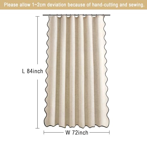 Extra Long Shower Curtains 84 Inch Linen Beige Cute Black Scalloped Boho Modern Shower Curtains for Bathroom Set, 72" W x 84" L