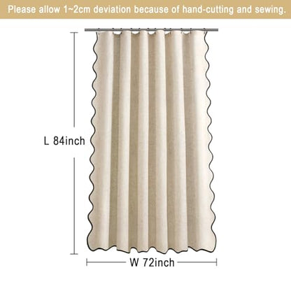 Extra Long Shower Curtains 84 Inch Linen Beige Cute Black Scalloped Boho Modern Shower Curtains for Bathroom Set, 72" W x 84" L