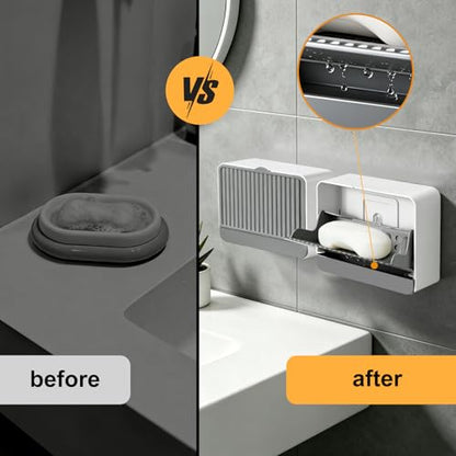 Strong Adhesive Hook Wall-Mounted Soap Dish Holder, 2-Layer Draining Tray with Removable Container, Keeps Soap Dry for Bathroom, Shower, Sink, Kitchen- Space Saver (1-Pack Grey-Single Compartment) - color: 1-pk Grey-single Compartment
