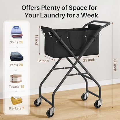 No-Bend Laundry Cart- Rolling Hamper with Locking Wheels & Handle, Foldable Basket Screw-Free Assembly, Durable Metal Frame & Removable Liner Bag for Bedroom & Bathroom (Black) - color: Black