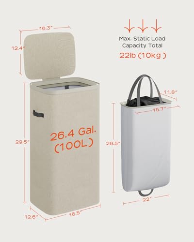 CASAMAYA Laundry Basket with Lid, Laundry Hamper 100L, collapsible Laundry Organizer, Easy Assembly, with Handles and Removable Liners, 16.5 x 12.6 x 29.5 Inches, Beige JSP902M - color: Beige, size: 100L(1-Section)