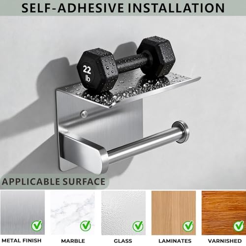 Toilet Paper Holder with Shelf, Heavy-Duty Stainless Steel Bathroom Hardware, Self-Adhesive No-Drill/Drill-Mount Wall-Mounted Roll Holder, Rust-Proof Bathroom Tissue Rack(Brushed Nickel) - color: Brushed Nicke