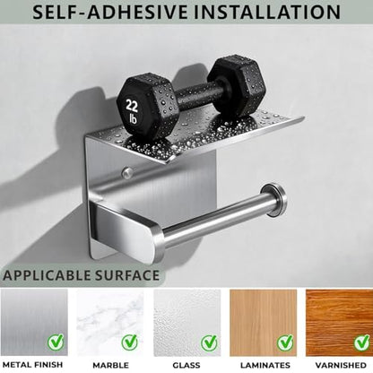 Toilet Paper Holder with Shelf, Heavy-Duty Stainless Steel Bathroom Hardware, Self-Adhesive No-Drill/Drill-Mount Wall-Mounted Roll Holder, Rust-Proof Bathroom Tissue Rack(Brushed Nickel) - color: Brushed Nicke