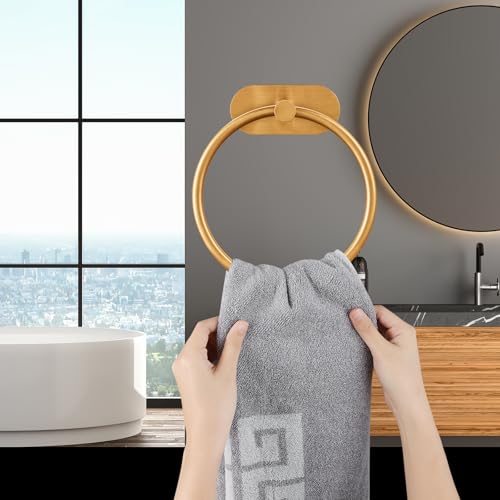 Self Adhesive Towel Ring and Toilet Paper Holder, No Drilling Stainless Steel Bathroom Hardware Set, Sturdy Bathroom Accessories for Home or Kitchen, Wall Mounted (Gold) - color: Brushed Gold