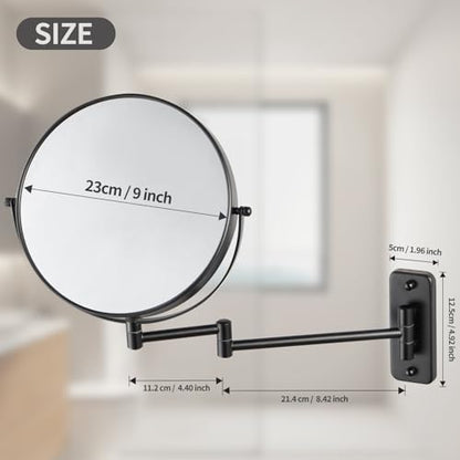 9 Inch Wall Mounted Makeup Vanity Mirror - Double Sided 1X/10X Magnifying Bathroom Mirror,360° Swivel Extendable Bathroom Mirror for Shaving (Black)