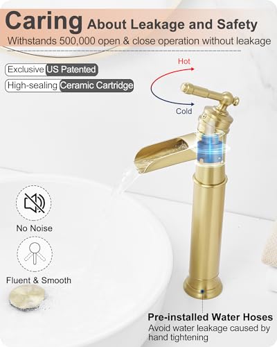 Gold Vessel Sink Faucet, Brass Waterfall Tall Faucet for Bathroom Sink 1 Hole with Single Handle, Pop-up Drain & cUPC Water Hoses for Antique Bowl Basin Save Water - color: Brushed Gold - Elegant