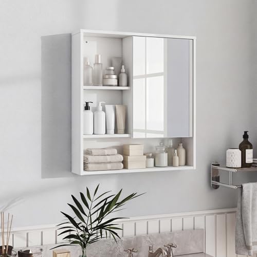Panana Bathroom Medicine Cabinet with Mirror, Wall Mounted Single Mirror Door Storage Cabinet with 3 Open Compartments, Adjustable Height Shelf, 21.9x5.1x23.6 inch (White) - color: White