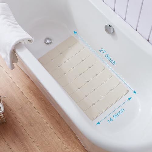 Non-Slip Silicone Bathtub Mat, Foldable Bath Tub Mat, 14.9 x 27.5in, Beige | Bathroom shower mat with suction cups, Machine Washable, Durable & Eco-Friendly, Large Drain Holes, Ideal for Family Use - color: Beige