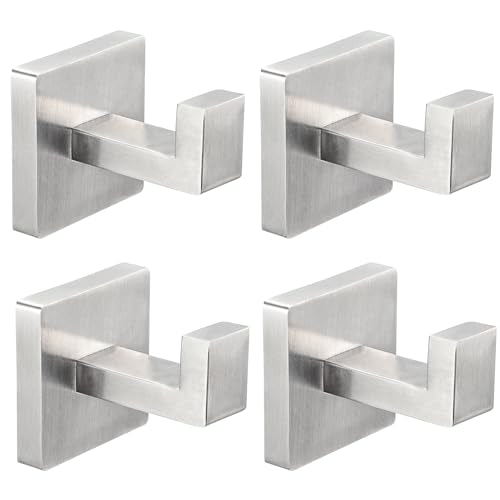 IBosins 4-Pack Towel Hooks Hand Towel Holder Bathroom Robe Hanger Coat Hook | Brushed Silver Square Bath Towel Hook Wall Mount Heavy Duty Stainless Steel Hat Hook for Living Room Bedroom Kitchen Closet - color: Silver