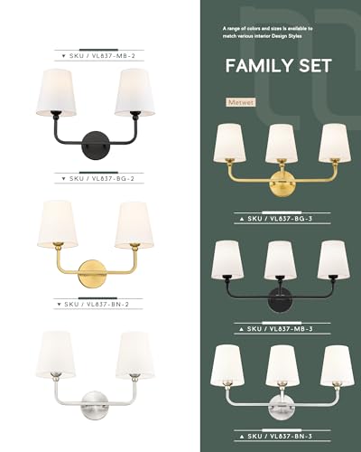 Bathroom Light Fixtures, Brushed Nickel Vanity Lights with Flared White Fabric Shade, 3 Light Wall Sconce, Modern Sconces Wall Lighting for Hallway Bedroom, VL837-BN-3 | 24.5" bathroom light fixtures over mirror, upward only, E26 base, bulbs not included,