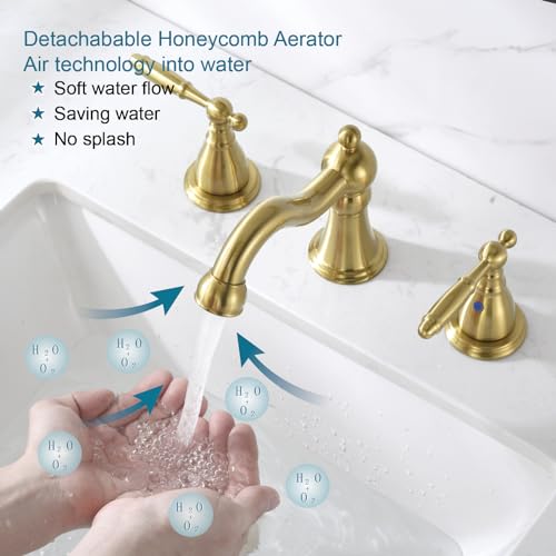 RKF Bathroom Faucets for Sink 3 Hole Gold 8 inch Widespread Bathroom Sink Faucet with Drain Double Lever Handle Faucet Bathroom Vanity Faucet Basin Mixer Tap WF013-BG - color: Gold
