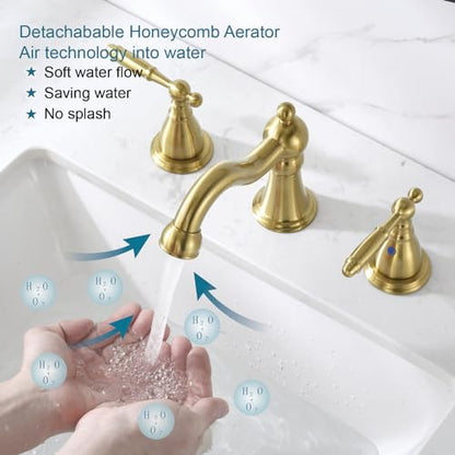 RKF Bathroom Faucets for Sink 3 Hole Gold 8 inch Widespread Bathroom Sink Faucet with Drain Double Lever Handle Faucet Bathroom Vanity Faucet Basin Mixer Tap WF013-BG - color: Gold
