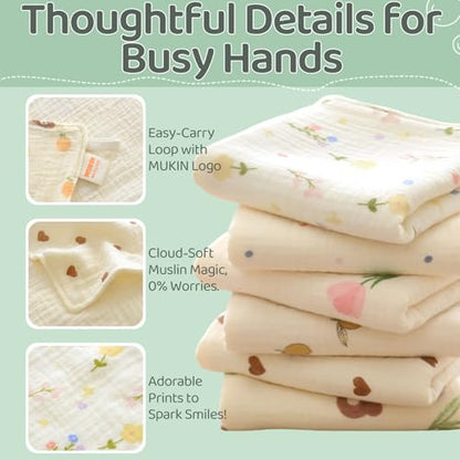 Baby Muslin Washcloths and Burp Cloths, Floral Pattern Cotton Face Towels, Burping Cloths for Newborn,6-Pack,10x20 inches