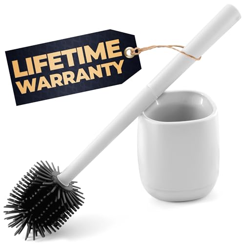 Toilet Bowl Brush and Holder, Silicone and Plastic (White) | Compact Toilet Brush, Easy to Place and Simple to Store After Use, Strong Rubber Plunger & Stiff Bristle Brush - color: White